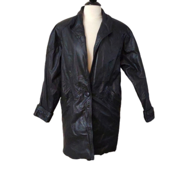 Vintage Jackets & Blazers - VINTAGE 80s 90s Black Leather Coat oversized Slouchy